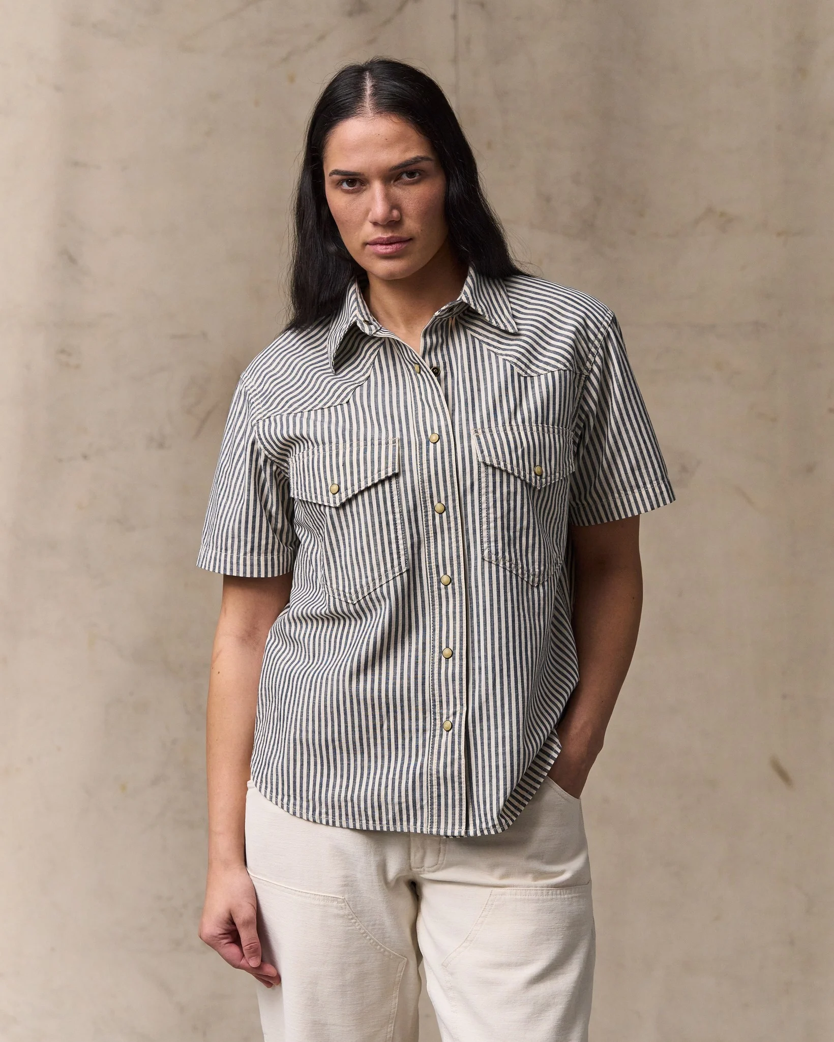 Camicia Western in Chambray a Maniche Corte per Donna